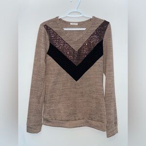 12PM by Mon Ami USA Lightweight Chevron Sequin Long Sleeve Blouse Top